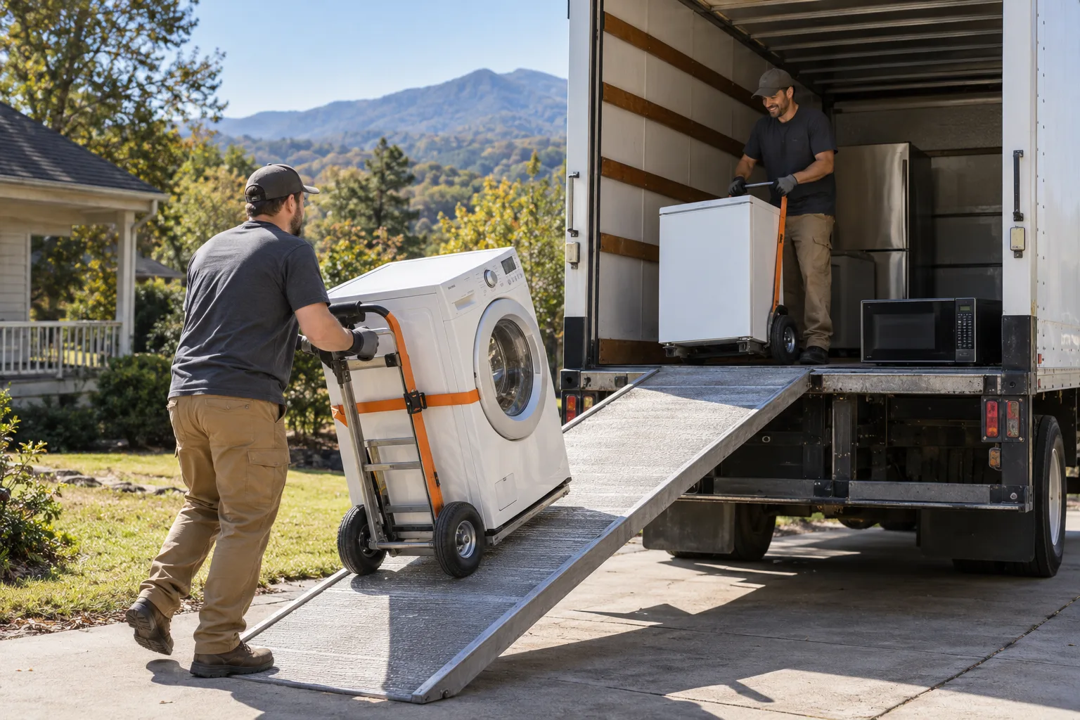 Crew loading household appliances into a removal truck
